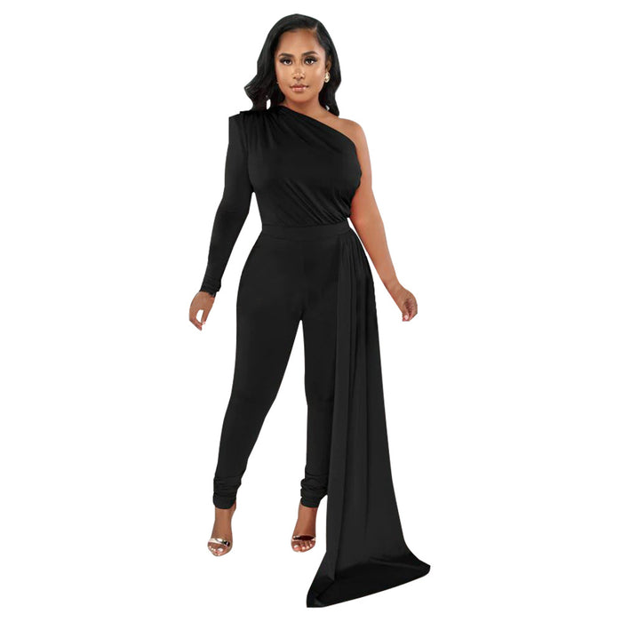 Color-Black-Women Autumn Pleated Shoulder Solid Color Tight Jumpsuit Women-Fancey Boutique