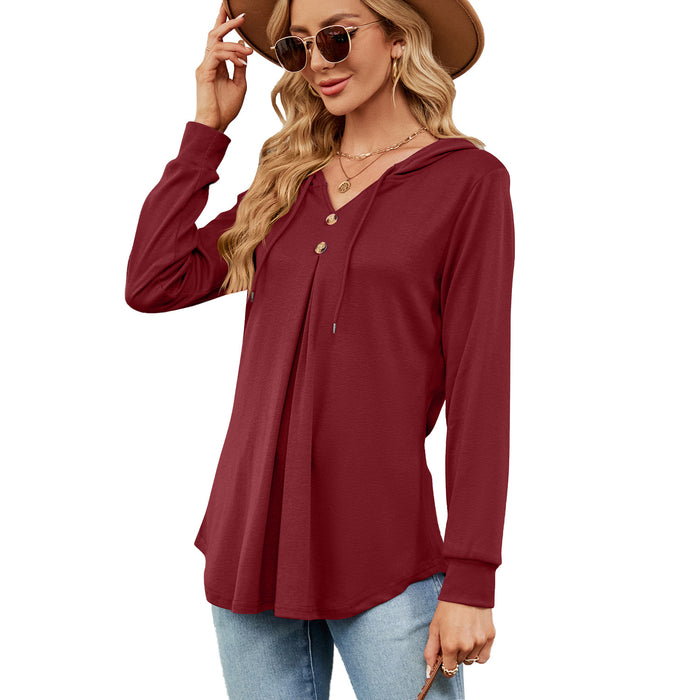 Color-Burgundy-Autumn Winter Solid Color V neck Button Hooded Loose Long Sleeves Sweater Women-Fancey Boutique