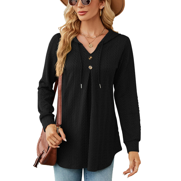 Color-Black-Autumn Winter V neck Loose Long Sleeve Hooded Sweaters Women Clothing Coat Women-Fancey Boutique