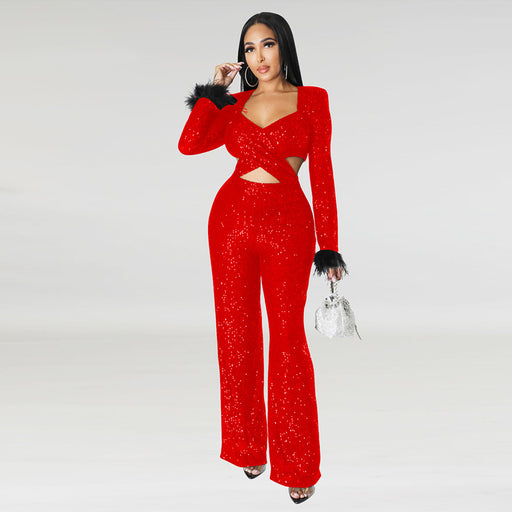 Autumn Winter Long Sequined Feather Hollow Out Cutout Out Slim Fit Long Sleeve Socialite Gathering Jumpsuit-Red-Fancey Boutique