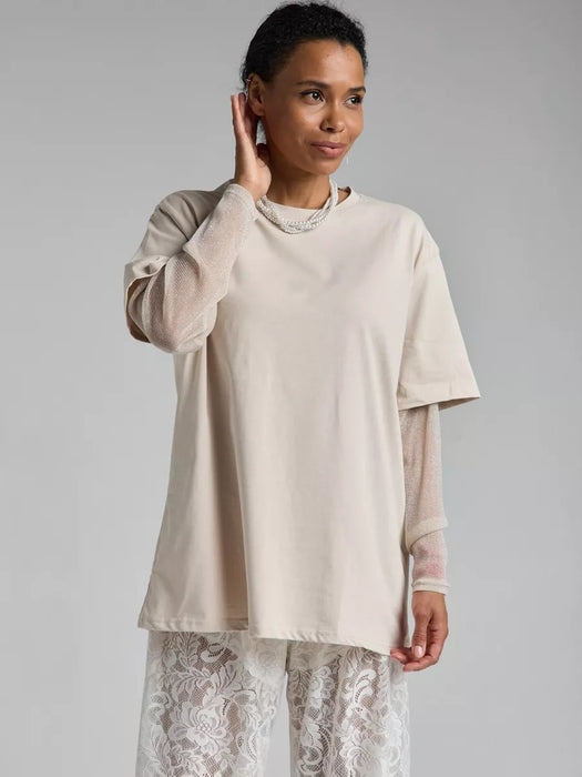 Summer Bright Yarn Mesh Stitching Long Sleeve T shirt Women Loose Sun Protection Top-Khaki-Fancey Boutique