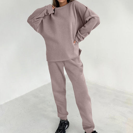 Color-Khaki-Pink round Collar Sports Brushed Hoody High Waist Sweatpants Autumn Women Clothing-Fancey Boutique