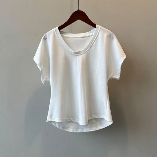 Three Dimensional Simple U Neck Short Sleeved T shirt for Women Summer Slimming Wide Sleeved Top-White-Fancey Boutique