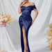 Color-Navy Blue-Evening Dress Women Clothing Dress Sexy Young Sheath Long off the Shoulder High Slit Dress-Fancey Boutique