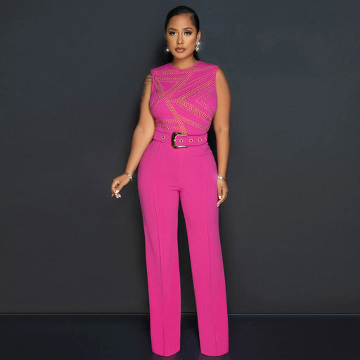 Color-Coral Red-Round Neck Sleeveless Rhinestone Jumpsuit Loose Wide Leg Pants-Fancey Boutique