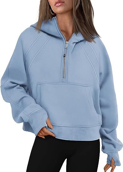 Color-Light Blue-Women Clothing Half Zipper Hooded Sweatshirt Loose Short Velvet Sweater-Fancey Boutique