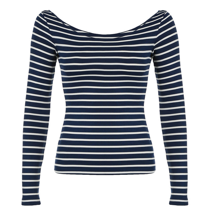 Off Shoulder Striped Lightweight Slim Fit Long Sleeve Blouse Sexy off Shoulder Simple All Match Slim Fit Casual Shirt-Navy Blue-Fancey Boutique