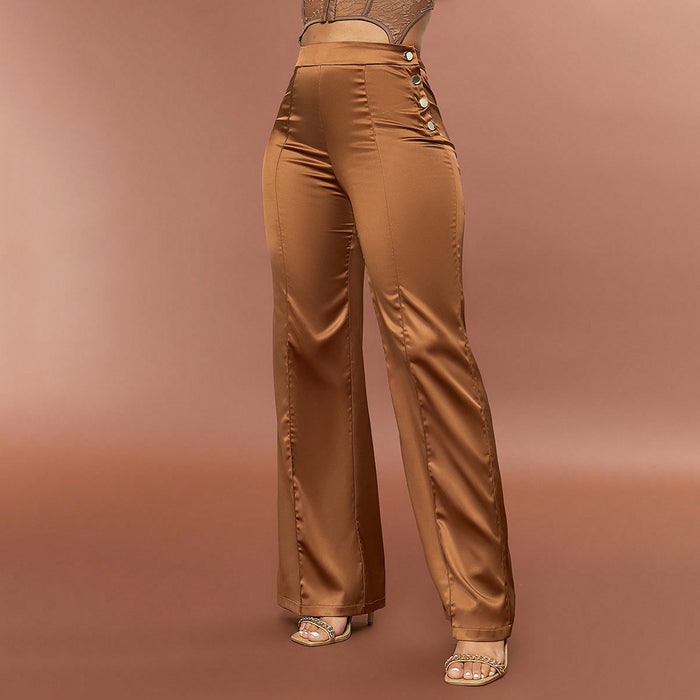 Color-Brown-Spring Autumn Women Clothing Casual Pants Solid Color High Waist Slimming Drape Beaded Slim Fit Pants-Fancey Boutique