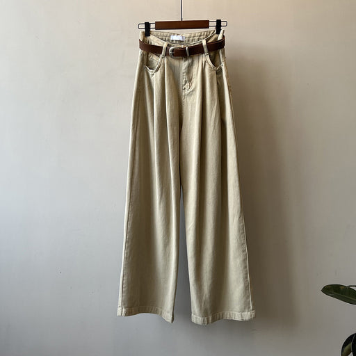 Thin Velvet High Waist Wide Leg Jeans for Women Spring Retro Casual Loose Mop Pants-Khaki-Fancey Boutique