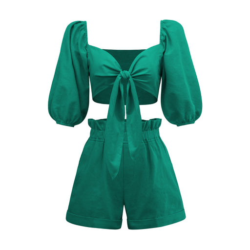 Solid Color Women Wear Lantern Half Sleeve Cardigan Wide Leg Pocket Shorts Casual Suit-Green-Fancey Boutique