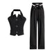 Casual Two iece Summer Elegant Wall Mounted Slim Fit Vest Floral Stitching Trousers Set-Black-Fancey Boutique