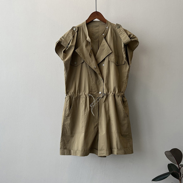 High Waist Drawstring Cargo Overalls Women Summer Stand Collar Flying Sleeves Shirt Romper-Coffee Green-Fancey Boutique