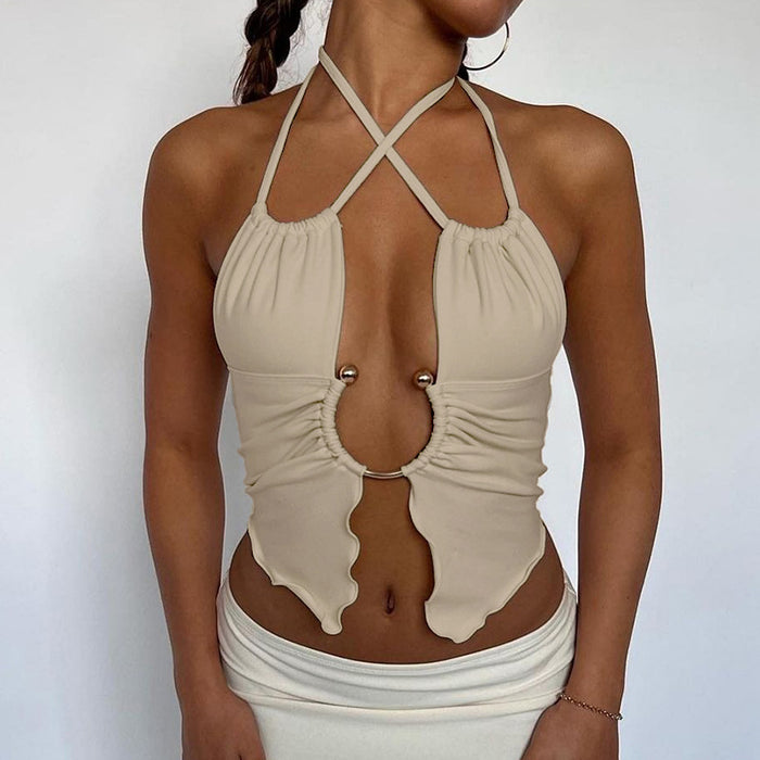 Metal Ring Hollow Out Cutout Halter Camisole Summer Sexy Cropped Top-Fancey Boutique
