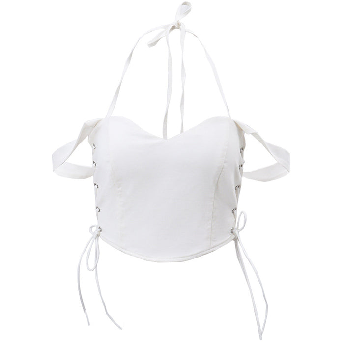 Color-White-Spring Sexy Hollow Out Cutout Cross Lace Up Halterneck Irregular Asymmetric Vest Women-Fancey Boutique