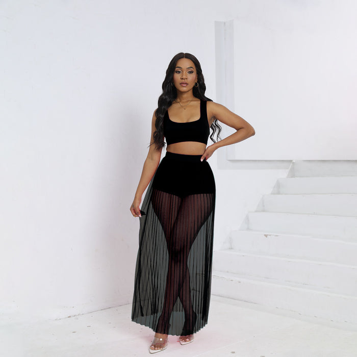 Color-Black-Sexy Women Clothing Vest Skirt Shorts Three Piece Beach See through Pleated Mesh Skirt Set-Fancey Boutique