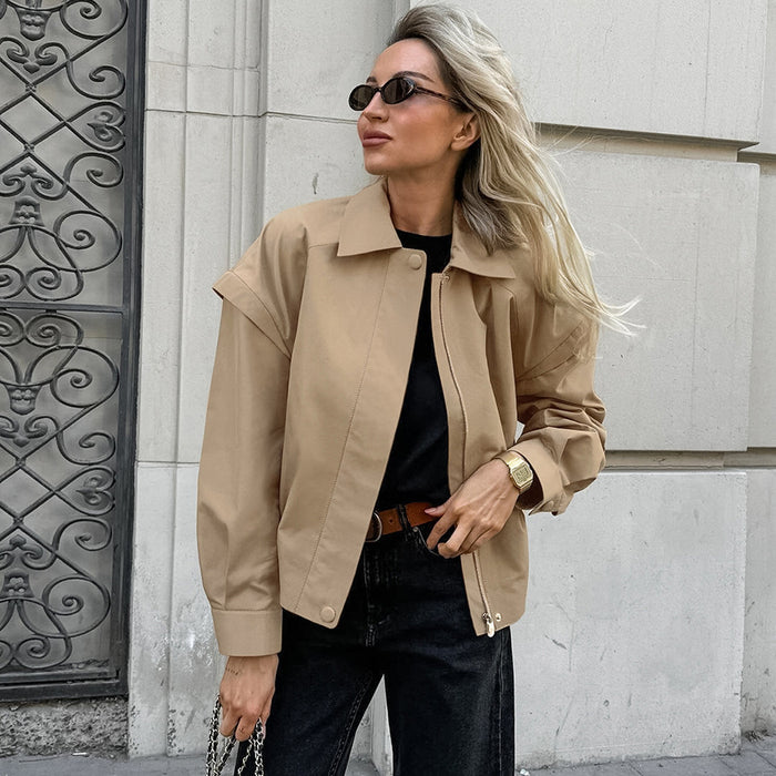 Khaki Trench Coat Women Simple French Collared Overalls Loose Bomber Jacket Design Women Clothing-Fancey Boutique