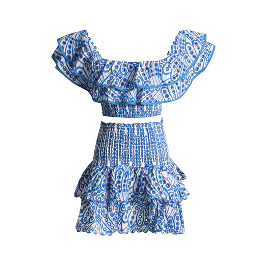 Color-Blue-Summer French Wooden Ear Short Top High Waist Cake Layer Skirt Sexy Two Piece Suit Suit-Fancey Boutique