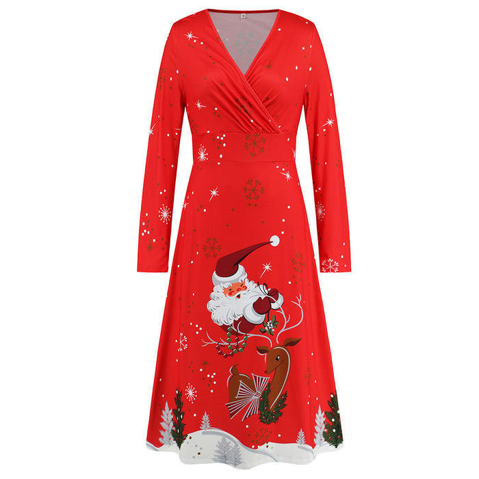 Color-Red-2-Women V Neck Long Sleeved Christmas Printed Dress Sexy Christmas Dress Year Party Play Maxi Dress-Fancey Boutique