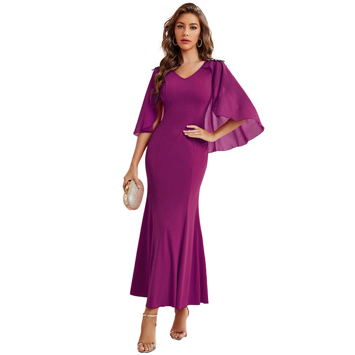Color-Purple-Autumn Women Clothing Casual Dolman Sleeve V neck Slim Sheath Dress-Fancey Boutique