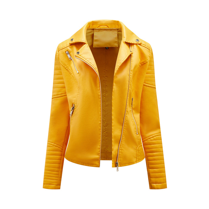 Color-Lemon Yellow-Short Spring Autumn Leather Women European Size Slim Collared Motorcycle Clothing Oblique Zipper Jacket Women Coat-Fancey Boutique