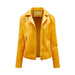 Color-Lemon Yellow-Short Spring Autumn Leather Women European Size Slim Collared Motorcycle Clothing Oblique Zipper Jacket Women Coat-Fancey Boutique