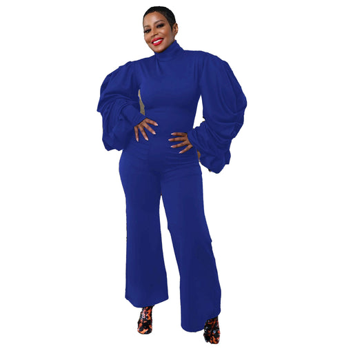 Sexy Sheath Pleated Lantern Sleeve Waist Wide Leg Jumpsuit-Blue-Fancey Boutique