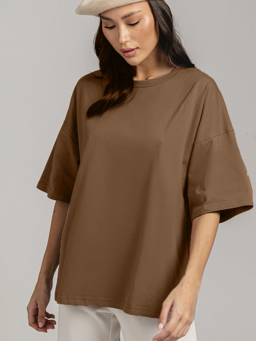 Spring Summer Solid Color T Shirt Women Cotton Short Sleeved Shirt Loose All Match-Brown-Fancey Boutique