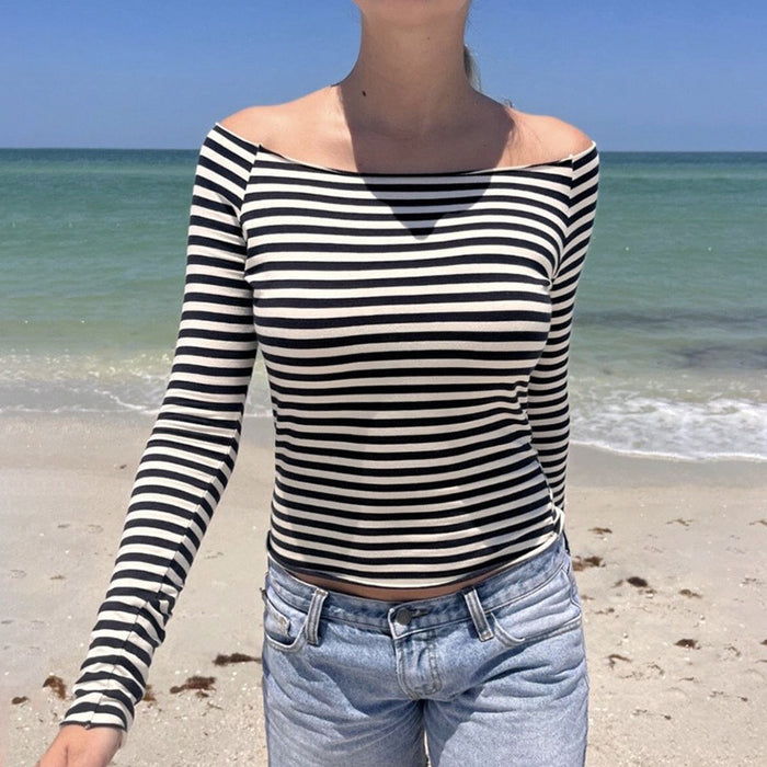 Black White Contrast Color Striped Sexy Slimming Off Shoulder T Shirt Autumn Sexy Off Shoulder Base Long Sleeve Shirt-Fancey Boutique