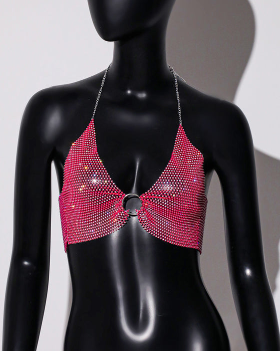 Women Clothing Sweet Spicy Top Wall Mounted Sling Fishnet Rhinestone Camisole Summer Dopamine Sling-Coral Red-Fancey Boutique