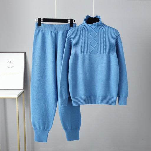 Color-Blue-Half Turtleneck Casual Loose Sweater for Women Autumn Winter Gentle Soft Glutinous Knitted Trousers Suit for Women-Fancey Boutique