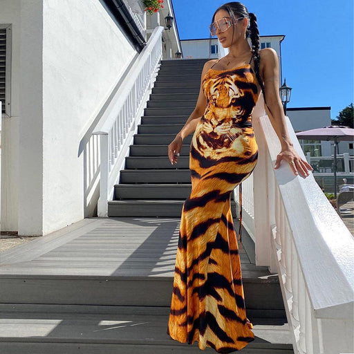 Sexy Summer Sleeveless Strap Tiger Printed Sexy Backless Maxi Dress-Fancey Boutique