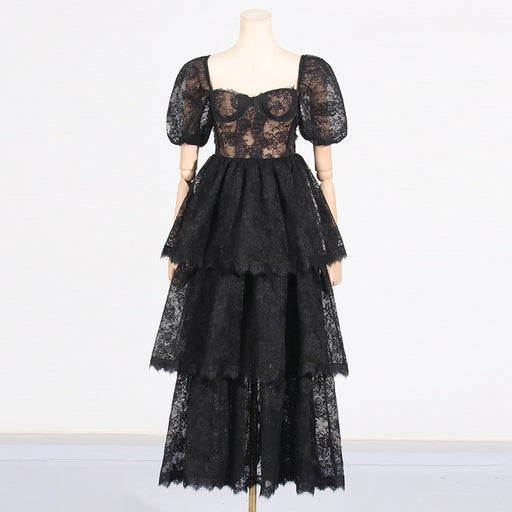 Elegant Lady Dress Summer Square Collar Puff Sleeve Lace Embroidered Layered Dress for Women-Black-Fancey Boutique