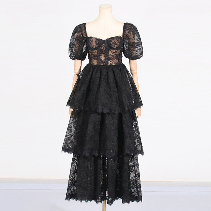 Elegant Lady Dress Summer Square Collar Puff Sleeve Lace Embroidered Layered Dress for Women-Black-Fancey Boutique