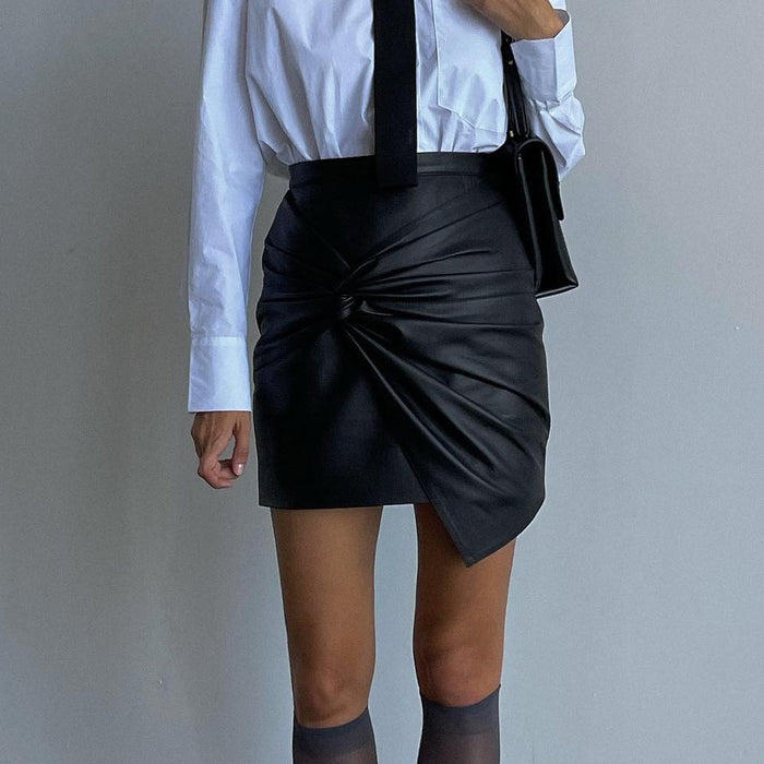 Women Clothing Autumn Winter Street Ruffle Hip Skirt Leather Skirt-Black-Fancey Boutique