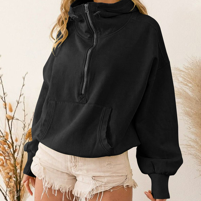 Color-Black-Hooded Sweater Women Clothing Tide Brand Sports Hoodie Zipper Drawstring Long Sleeve Top-Fancey Boutique