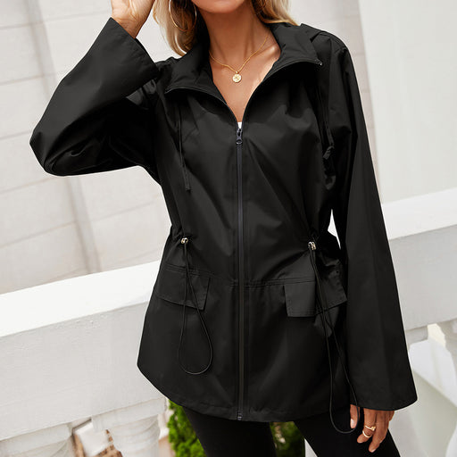 Color-Black-Hooded Zipper Waist Tight Waterproof Raincoat Outdoor Windcheater Mountaineering Clothing Coat Jacket Top for Women-Fancey Boutique