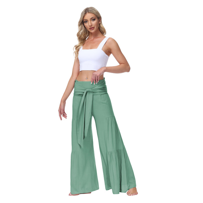 Color-Mint-Mint Green-Women Clothing Bandage Elastic Waist Pleated Wide Leg Pants Casual Loose Trousers-Fancey Boutique