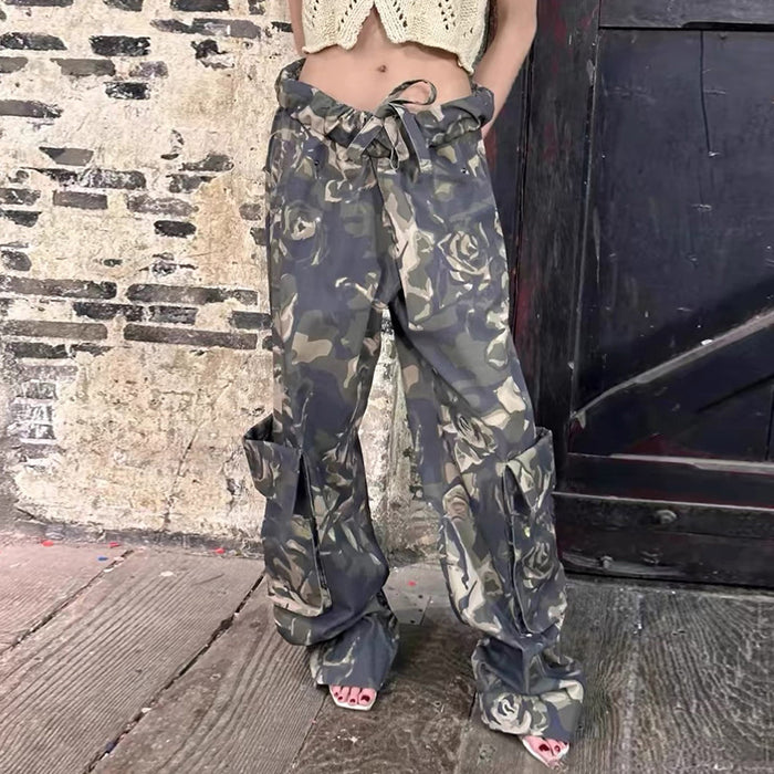 Camouflage Pocket Patchwork Cargo Pants Women Sexy Retro Distressed Light Woven Casual Straight Pants-Fancey Boutique