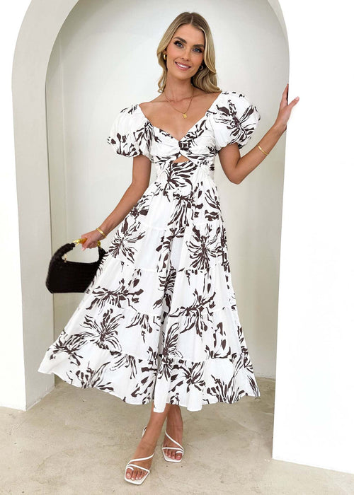 Color-Black-and-White Printing-Spring Women Fashionable Elegant Puff Sleeve V neck Hollow Out Cutout out Printed Dress for Women-Fancey Boutique