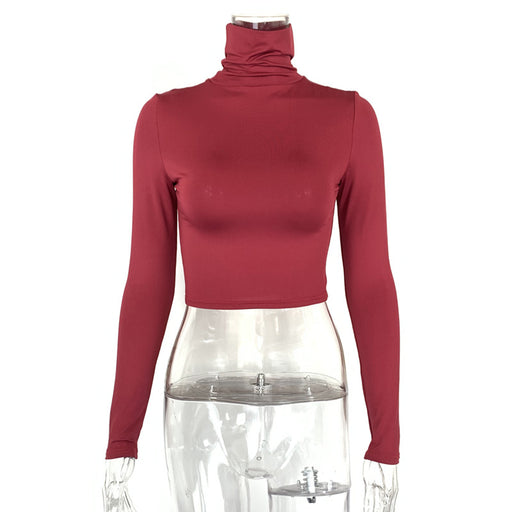 Color-Burgundy-Fall Women Clothing Sexy Slim Fit Short Bottoming Long Sleeved Turtleneck Top-Fancey Boutique