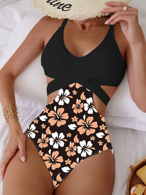 Bikini Printing Hollow Out Cutout Out Tied Sexy Siamese Bikini Swimsuit Swimwear Women-Black-1-Fancey Boutique