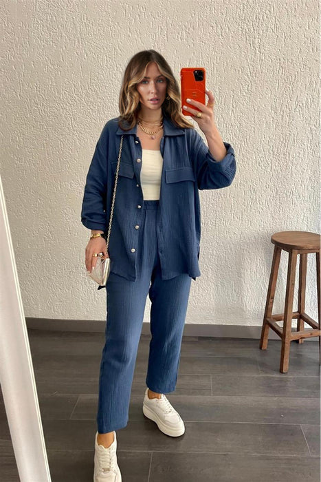 Color-Purplish blue-Women Crepe Loose Collared Long Sleeves Shirt Straight Leg Pants Casual Suit Women-Fancey Boutique