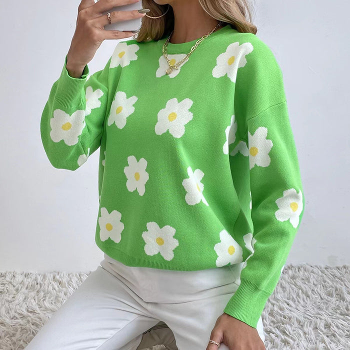 Autumn Winter Women Clothing Contrast Color Little Daisy Fresh Sweet Casual Pullover Knitted Sweater-Fancey Boutique