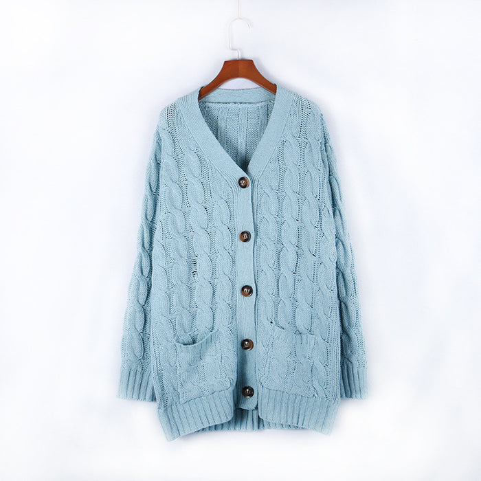 Color-Light Blue-Autumn Winter Casual V neck Single Breasted Long Sleeve Knitwear Coat Cardigan Sweater for Women-Fancey Boutique