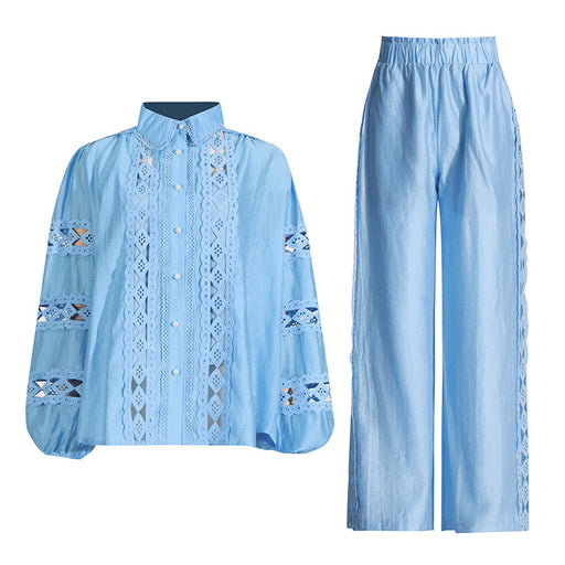 Casual Office Autumn Horizontal Embroidered Sleeve Top Straight Leg Trousers Women Two Piece Set-Blue-Fancey Boutique
