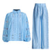 Casual Office Autumn Horizontal Embroidered Sleeve Top Straight Leg Trousers Women Two Piece Set-Blue-Fancey Boutique