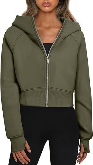 Color-Army Green-Women Clothing Hooded Zipper Short Casual Velvet Long Sleeve Sweatshirt-Fancey Boutique