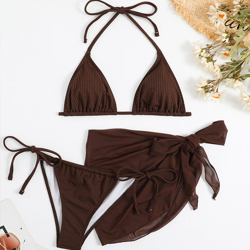 Color-Brown-Solid Color Halter Lace up Bikini Three Piece High Waist Mesh Split Swimsuit for Women-Fancey Boutique