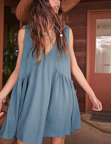 Color-Pale blue-Women Clothing V Neck Sleeveless Pleated Vest Pocket Dress-Fancey Boutique