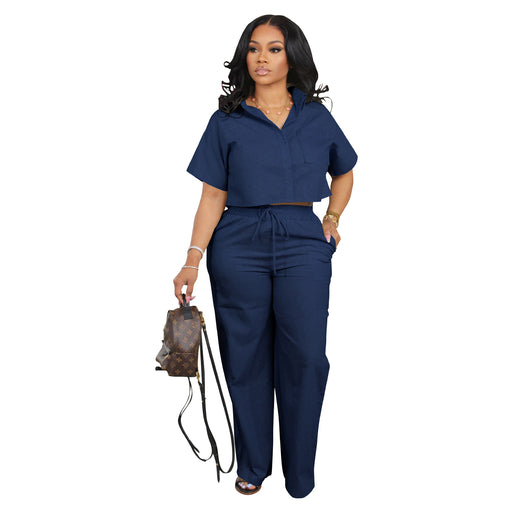 Women Clothing Suit Shirt Short Sleeved Two Piece Set Linen Casual Office Office Summer Sports Pants-Blue-Fancey Boutique